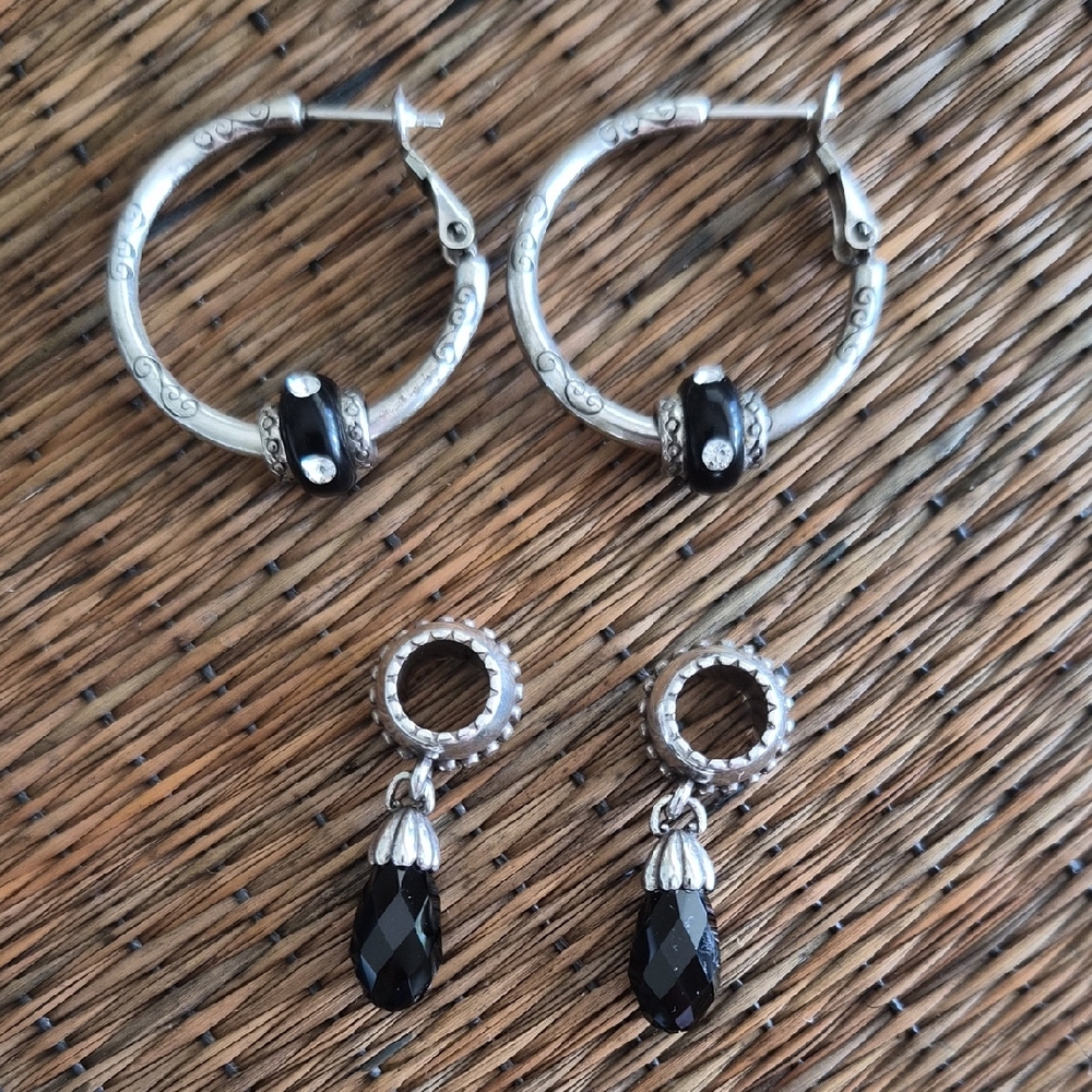 Brighton Silver Hoop Earrings with Interchangeable Black Onyx Bead Accents